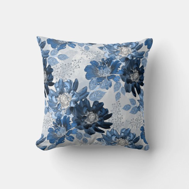 Coussin Bleu clair, fleurs bleu foncé sur gris clair (Recto)