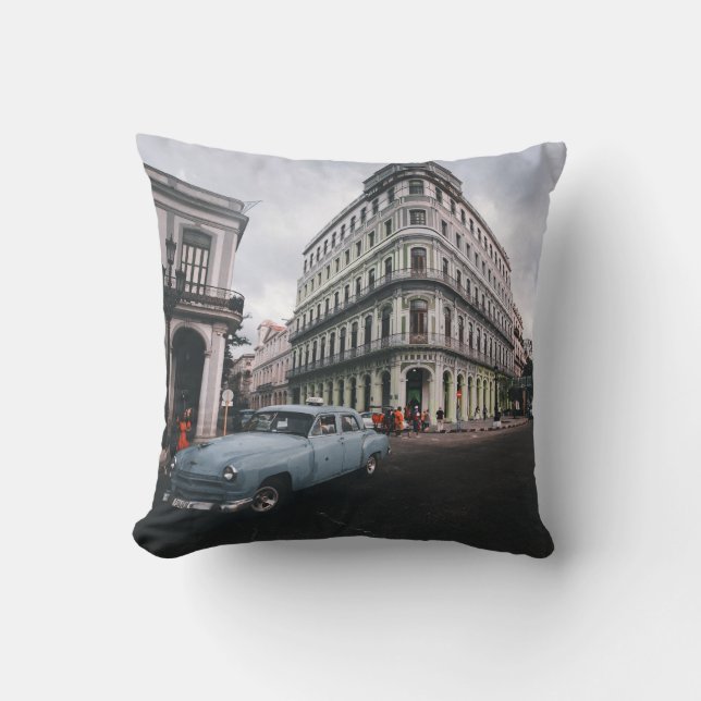 Coussin Bleu Classic Vintage Car Cityscape (Recto)