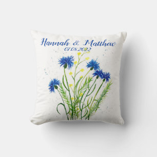 Coussin Bleu cornflowers aquarelle fleurie joli Mariage