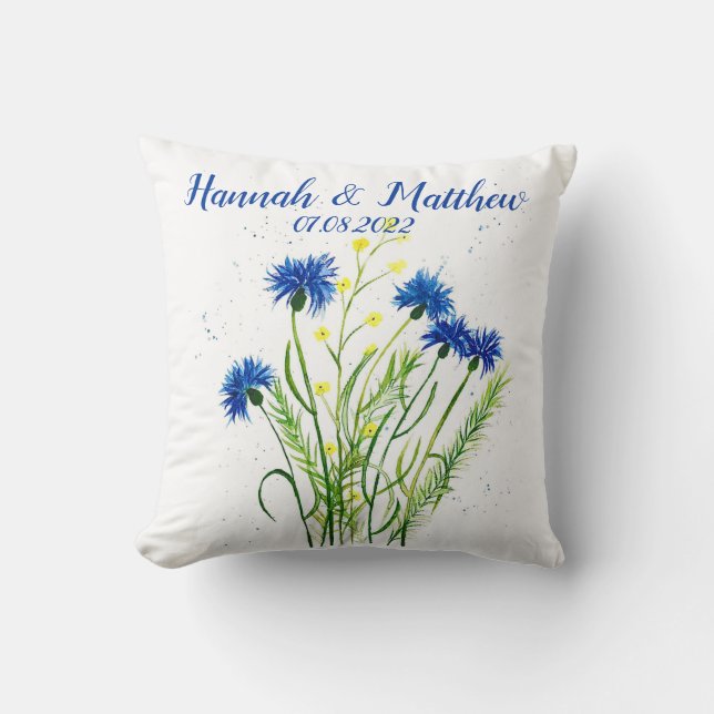 Coussin Bleu cornflowers aquarelle fleurie joli Mariage (Recto)