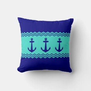 Coussin Bleu côtier Turquoise Bande Ancre Nautique