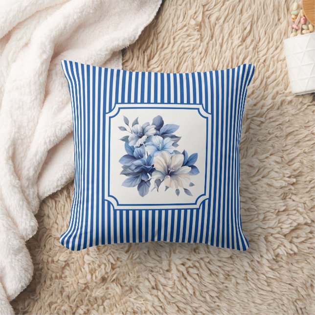 Coussin Bleu de Cobalt à rayures à petits carreaux Floral (Couverture)