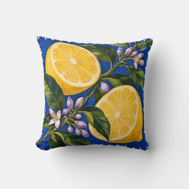 Coussin Bleu de Cobalt Citron Botanique (Recto)