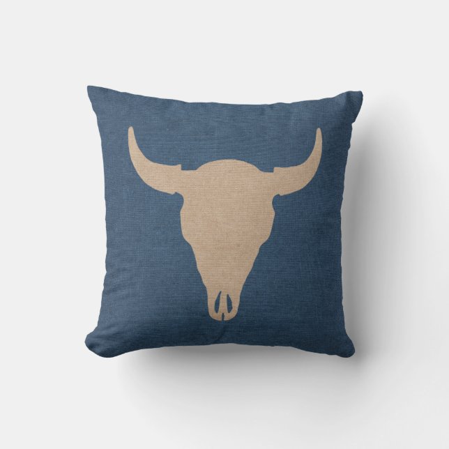 Coussin Bleu de crâne de Taureau et de denim de klaxons (Recto)