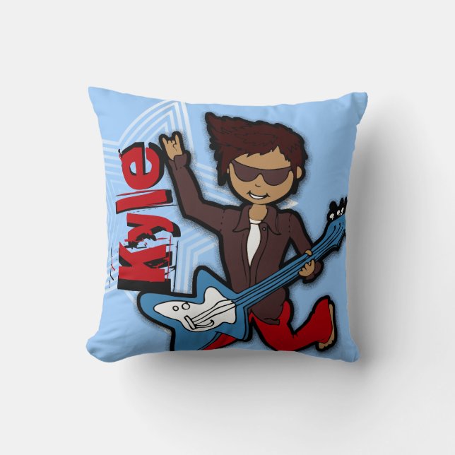Coussin bleu de garçon rockstar nommé de guitare (Recto)