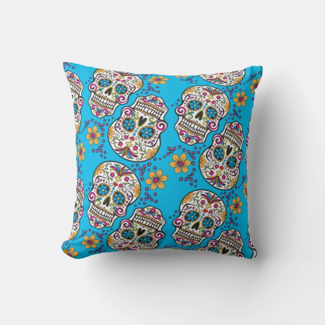 Coussin Bleu de Halloween de crâne de sucre (Recto)