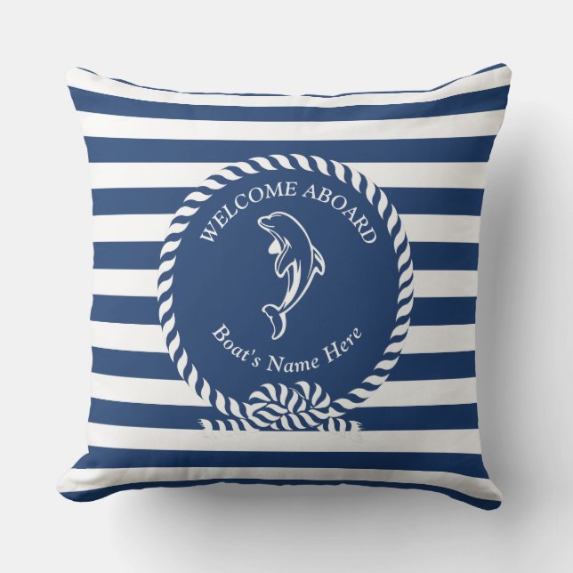 Coussin Bleu de la marine Bleu Bleu Stripes Dauphin Nom du (Recto)