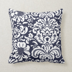 Coussin Bleu de la marine et blanc Damas floral