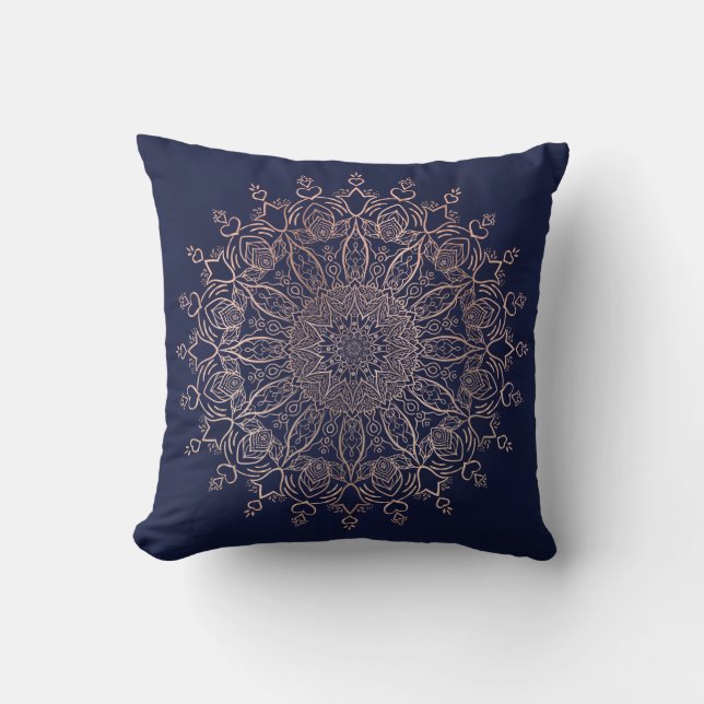 Coussin Bleu de la marine et Rose d'or Mandala Boho (Recto)
