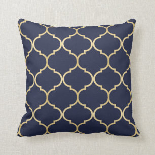 Coussin Bleu de motif de Quatrefoil d'or de Faux