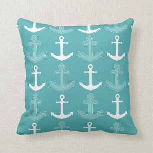 Coussin Bleu de motif nautique d'Ancre et blanc turquoises