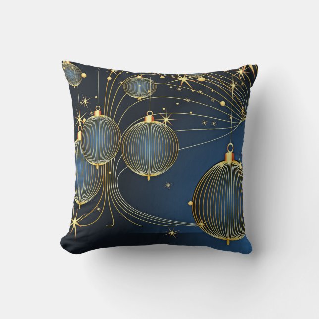 Coussin Bleu de neige et boule d'or Joyeux Noël (Recto)
