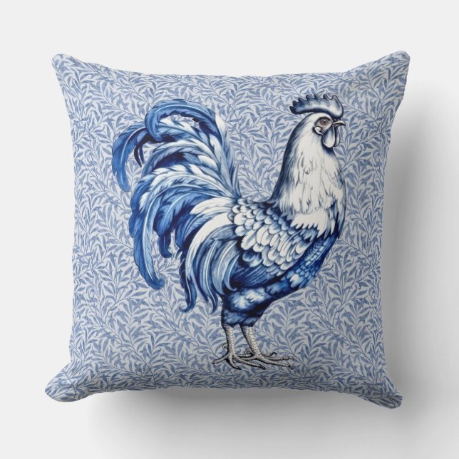Coussin Bleu Delft Et Poulet Blanc Rooster (Recto)