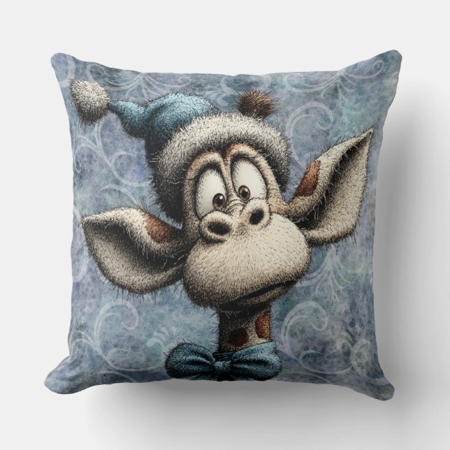 Coussin Bleu d'hiver Noël Girafe mignon avec chapeau (Recto)