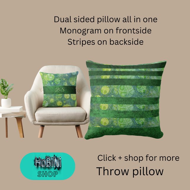 Coussin bleu double face vert abstrait multicolore (Dual sided throw pillow all in one
Monogram on frontside
Stripes on backside)