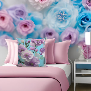 Coussin Bleu doux rose violet soie grandes fleurs 