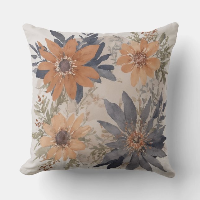 Coussin Bleu Dusté et Orange Aquarelle floral (Recto)