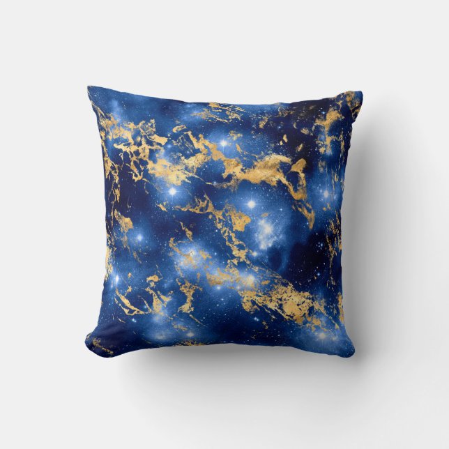 Coussin Bleu Éblouissant, Marbre Galaxie Blanc & Or (Recto)