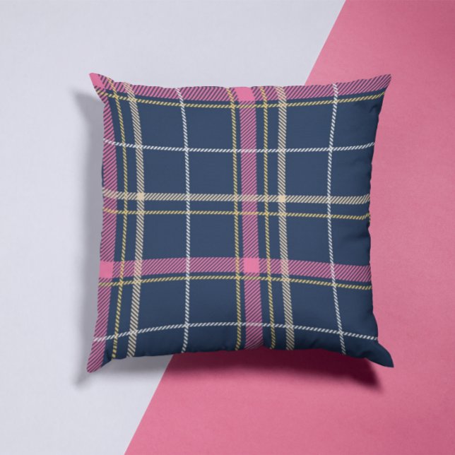 Coussin Bleu écossais Tartan Plaid rose blanc rayures (Créateur téléchargé)