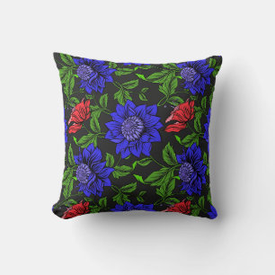 Coussin Bleu élégant et fleur rouge sur fond noir