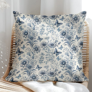 Coussin Bleu et Blanc Floral et Papillon Vintage