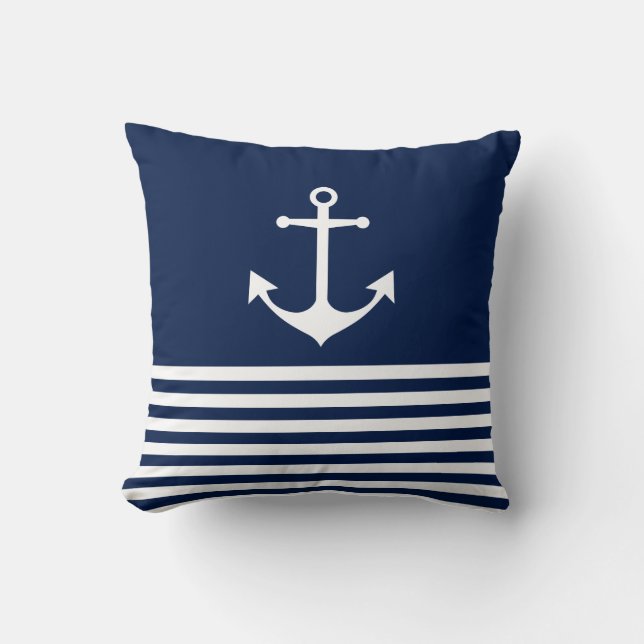 Coussin Bleu et blanc, Grilles, Ancre, Nautique (Recto)