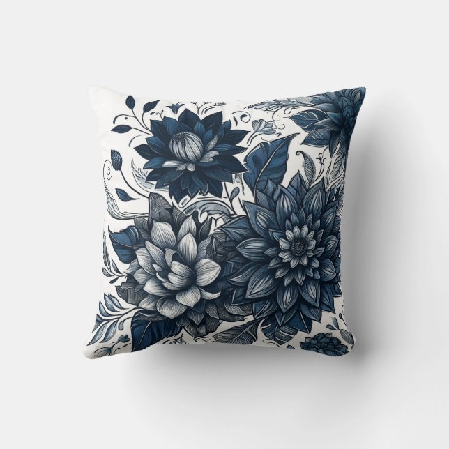 Coussin Bleu et blanc imprimé floral bohème (Verso)