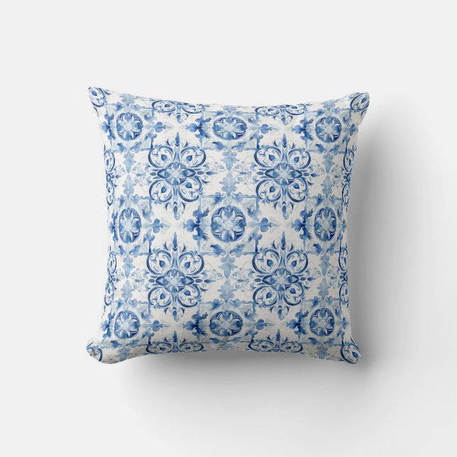 Coussin Bleu et blanc Italien aquarelle carreaux motif (Recto)
