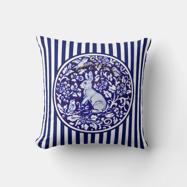 Coussin Bleu et blanc lapin Grandes bandes Dedham Floral (Recto)