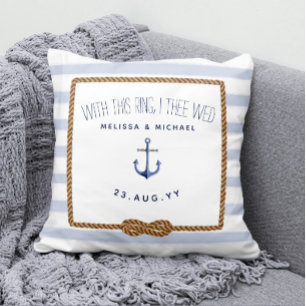 Coussin Bleu et blanc Mariage porte-anneau de noeud nautiq