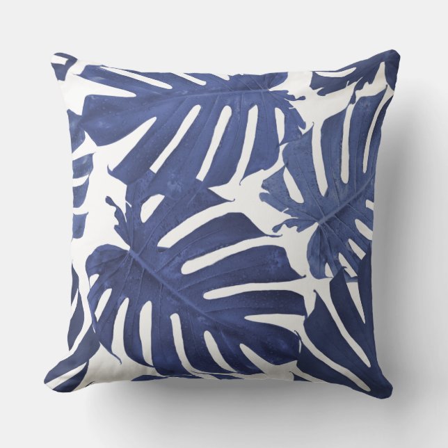 Coussin Bleu et blanc Palm Tropical Feuille Motif (Recto)