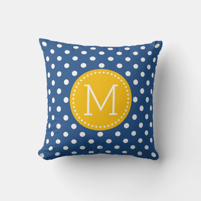 Coussin Bleu et blanc Polkadot Motif Jaune Accents (Recto)