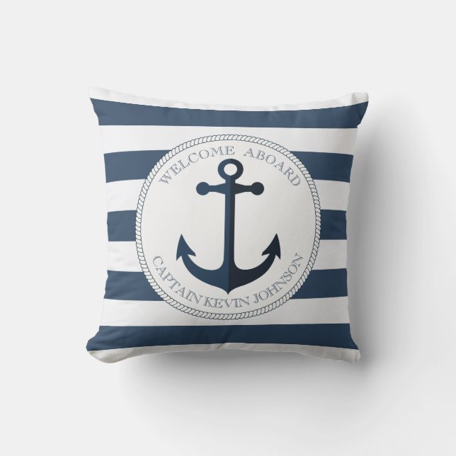 Coussin Bleu et blanc rayé avec ancre personnalisée (Recto)