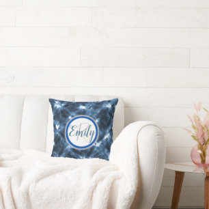 Coussin Bleu et blanc Shibori Cercle Tie Dye Nom du monogr