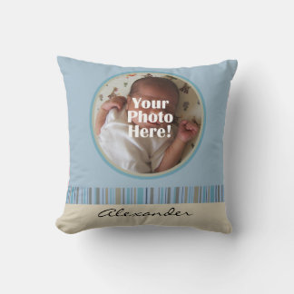 Coussin Bleu et Brown Baby Boy Photo personnalisée / Nom C