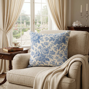 Coussin Bleu et crème floral Toile de Jouy
