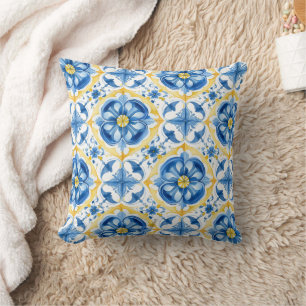 Coussin 💛 💙 bleu et jaune, aquarelle fleurie Azulejos
