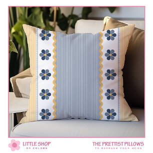 Coussin Bleu et jaune fleurs et rayures