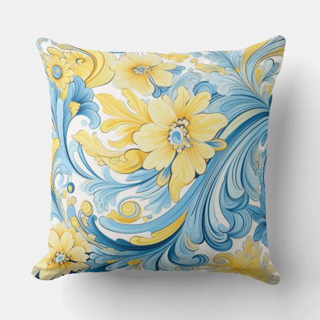 Coussin Bleu et jaune. Inspiré de la Méditerranée. (Recto)