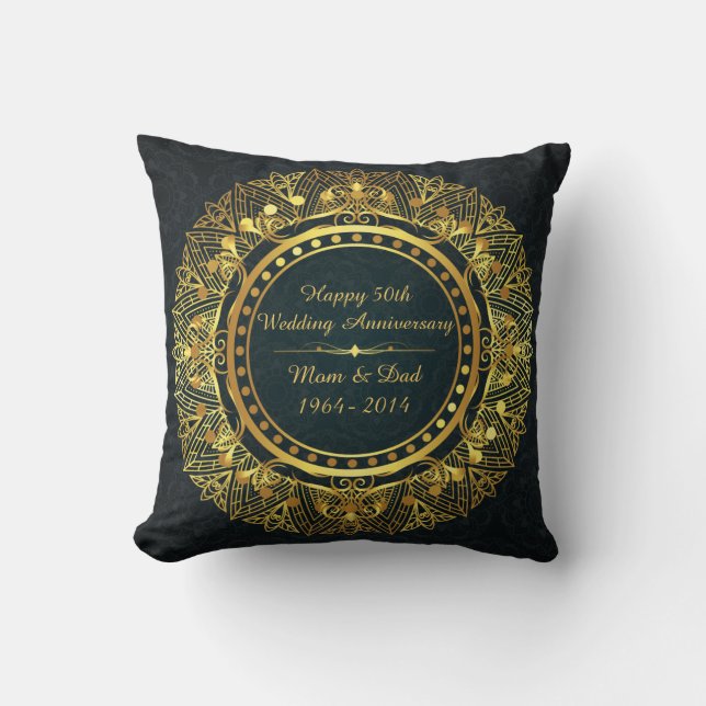 Coussin Bleu et Or 50e Anniversaire de Mariage Classique (Recto)