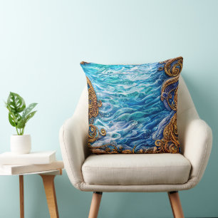 Coussin Bleu et or Ocean Ripple Waves Abstrait