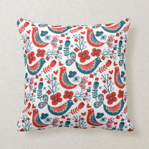 Coussin bleu et rouge nordique style oiseaux