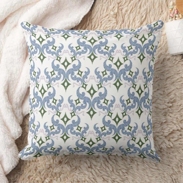 Coussin bleu et vert damas ornement pointillisme (Couverture)