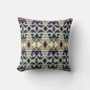 Coussin Bleu ethnique, ikat beige