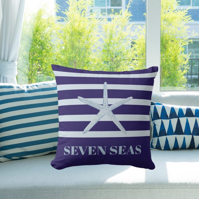 Coussin Bleu étoile de mer bande texte côtier (Créateur téléchargé)