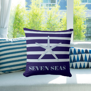 Coussin Bleu étoile de mer bande texte côtier