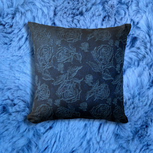 Coussin Bleu Faux Rose Embossé Cuir