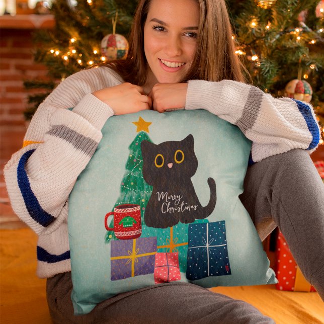 Coussin Bleu Festif Café Chat Mignon Joyeux Noël (Créateur téléchargé)