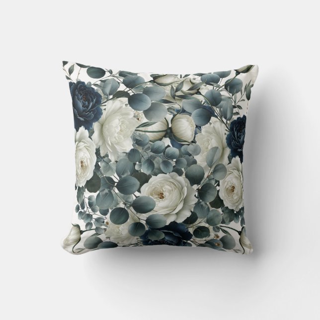 Coussin Bleu foncé et blanc floral moderne verdure  (Recto)