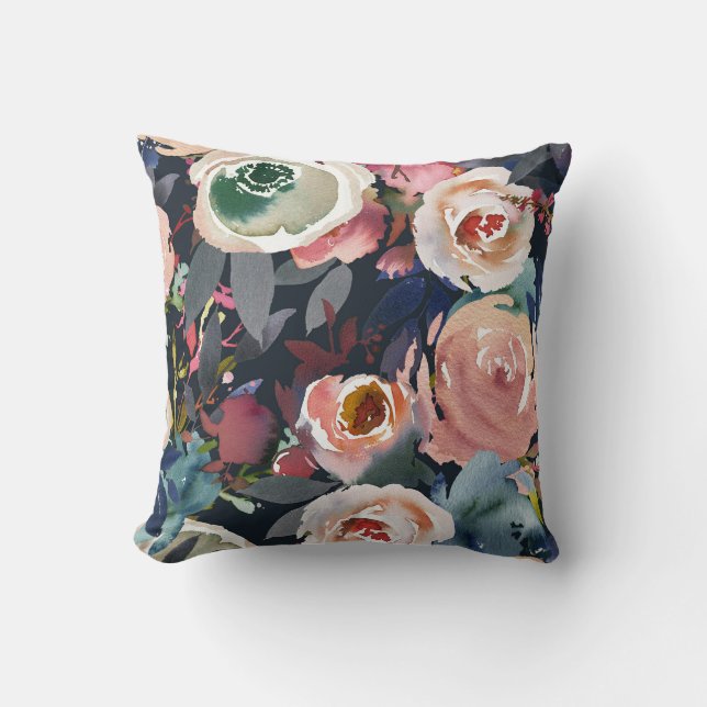 Coussin Bleu foncé et rose blush floral aquarelle chic (Recto)